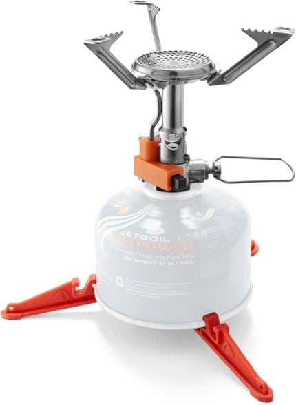 Jetboil MightyMo portable camping stove from above, highlighting its simmer control feature.