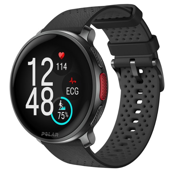 Polar Vantage V3 GPS watch with a clear AMOLED display during a run