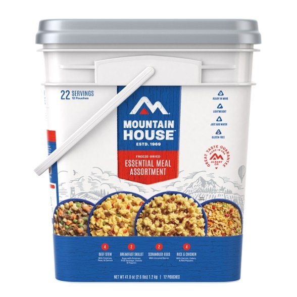 Mountain House Gluten-Free Meal Bucket with servings displayed.