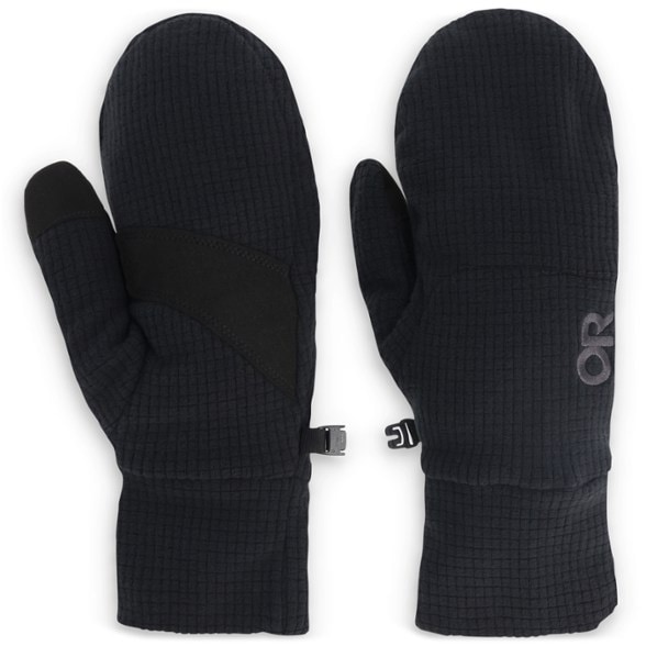 Close-up of versatile fleece mittens showing touch-screen compatible fingertips.