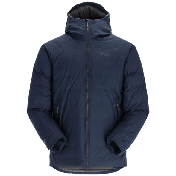 Front view of the ShieldPro Valiance men's waterproof jacket with hood up, ready for winter storms