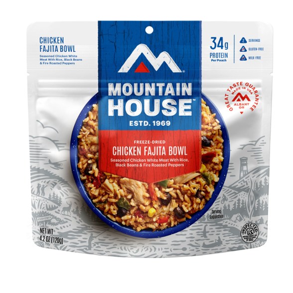 Close-up of TrailBlaze Chicken Fajita Bowl freeze dried meal showing rich chicken and colorful vegetables for camping food