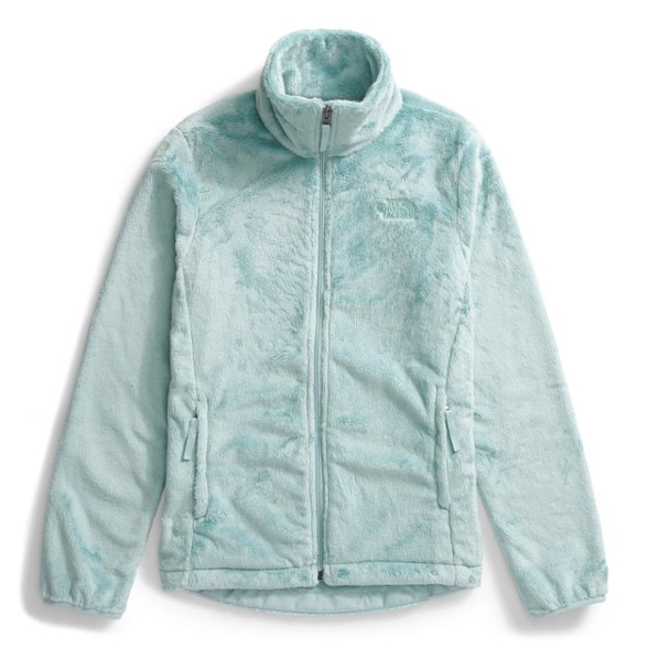 Front view of eco-friendly women's fleece jacket showcasing the stand collar and zipper.
