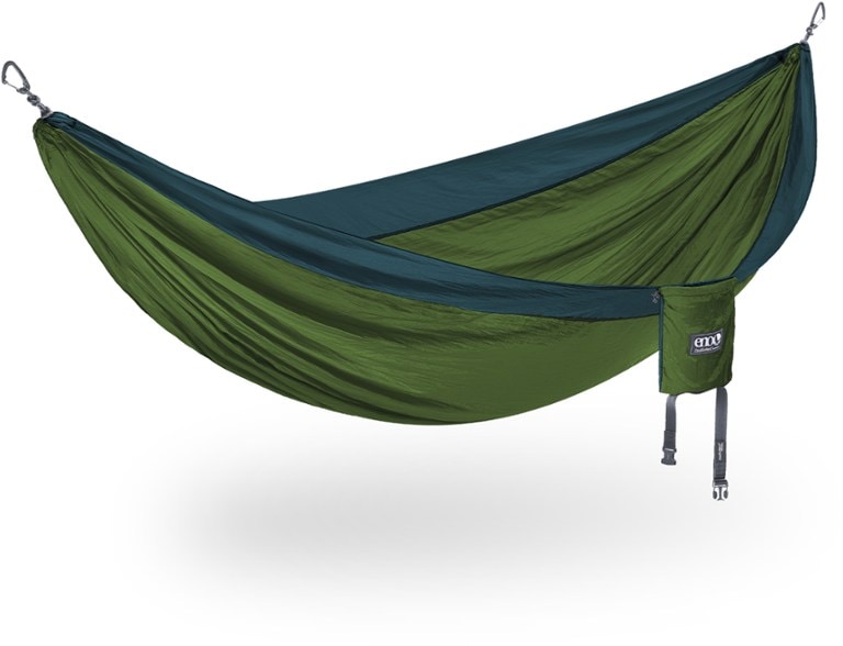 TrailNest UltraLight double hammock fully set up between two trees, showing spacious design for two people camping