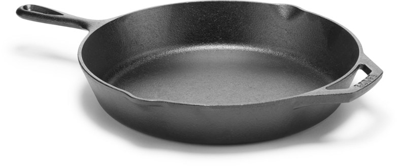 Lodge 12-inch cast iron skillet showcasing heirloom finish and dual pour spouts.