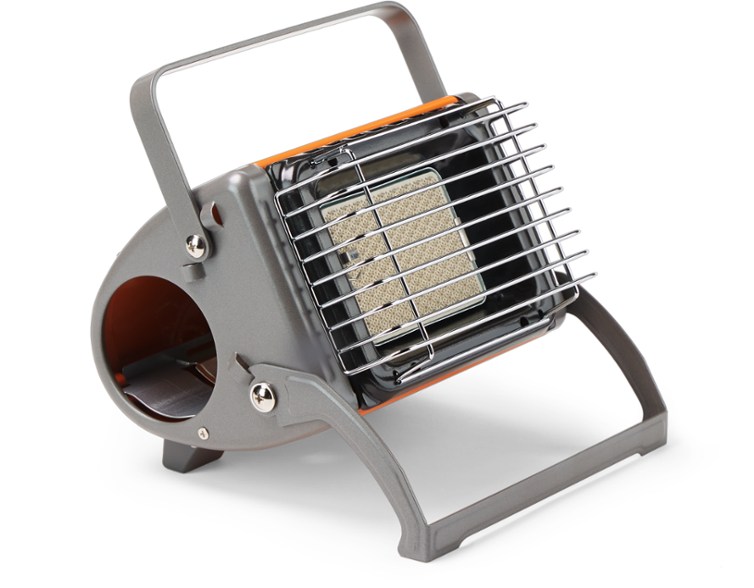 Kovea Cupid heater in use at a camping site, showcasing its compact design.