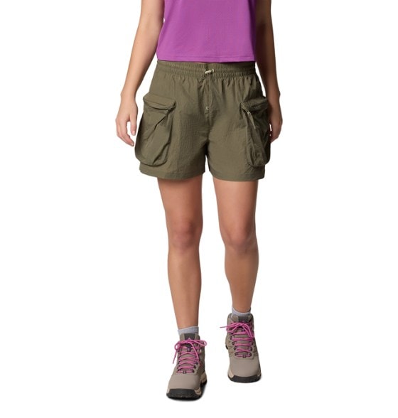 Front view of women's cargo shorts with UPF protection and secure zipper pockets, perfect outdoor shorts for women