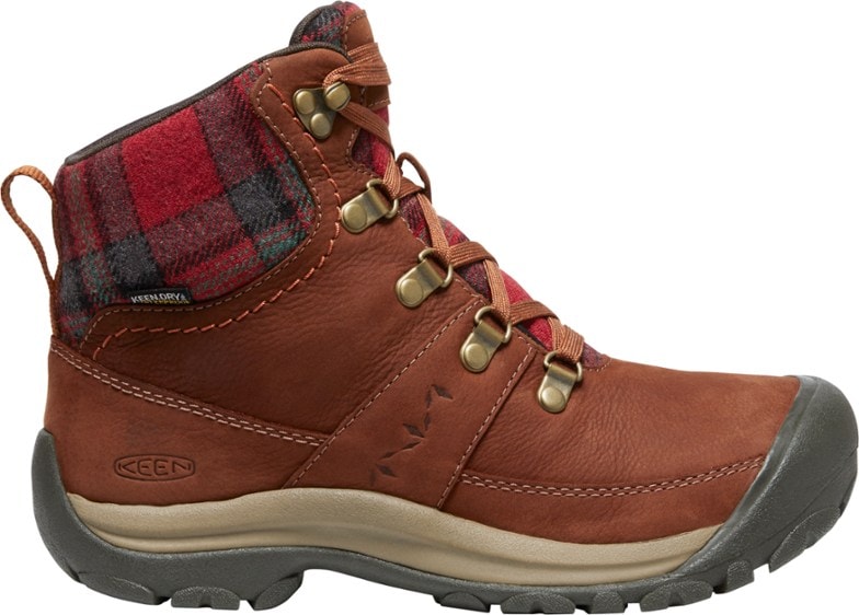 Side view of Kaci III Cozy Waterproof Winter Boots for Women, highlighting the plaid design and leather material.
