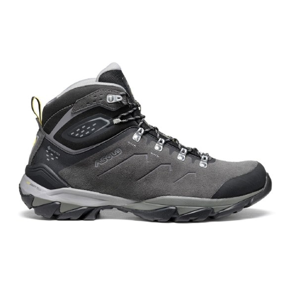 Asolo Acadia Mid GORE-TEX hiking boots shown from the side on a rocky trail.