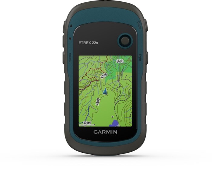 Garmin eTrex 22x handheld GPS showing a cycling route on the screen.