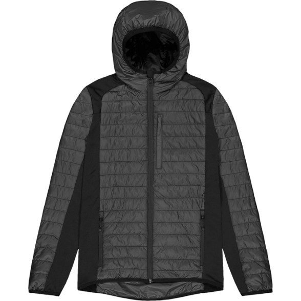 Takashima insulated jacket worn outdoors, showcasing its ergonomic hood and YKK zipper.