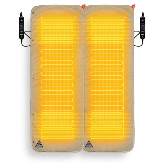 Ignik Double Heated Bed Cover displayed in a cozy camping setup at night