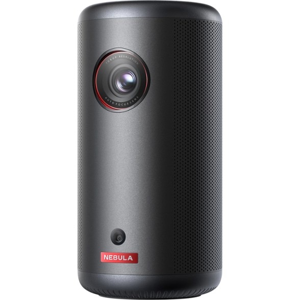 Side view of Nebula Capsule 3 Pro portable projector showing compact design for camping setup