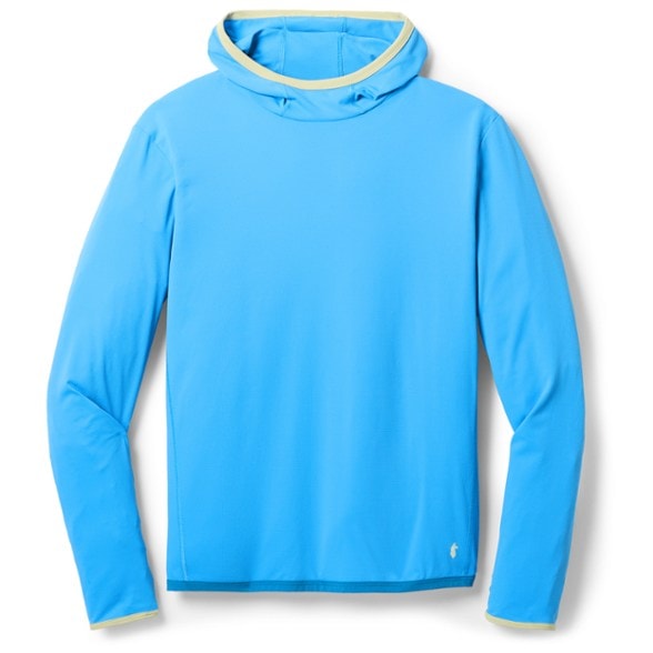 Front view of men's hiking hoodie with UPF sun protection and thumbholes in lightweight fabric