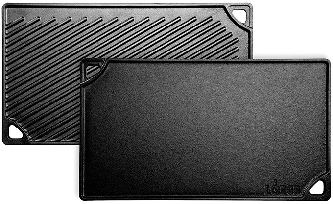 Lodge reversible griddle showcasing smooth and ribbed sides, perfect for versatile cooking.