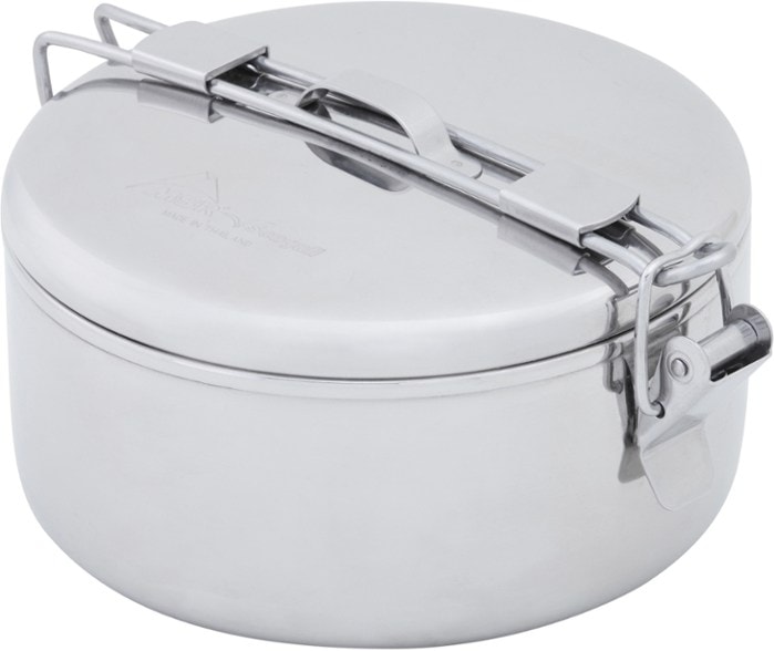 TrailPro UltraLight stainless steel camping pot showing hinged locking lid and handle