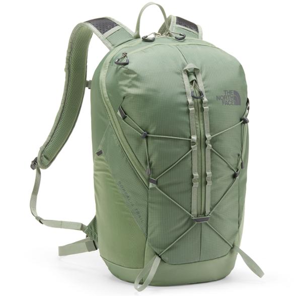 Borealis Trail 28 backpack in blue, showcasing its multiple pockets and hydration compartment.