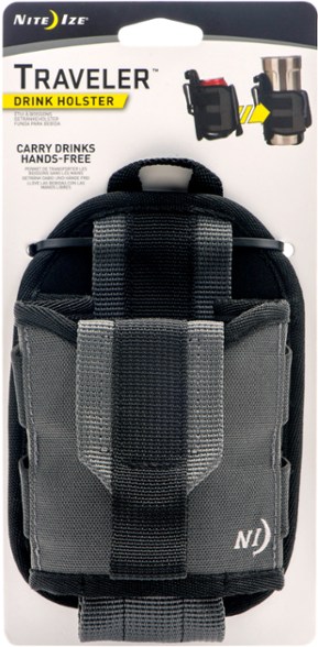 Adventure Ready Drink Holster attached to a backpack strap while hiking.