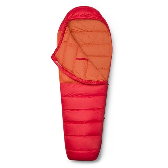 Top view of the Lost Coast Summit 40 mummy sleeping bag laid flat on gravel with down insulation visibly lofted — ideal for cold-weather camping.