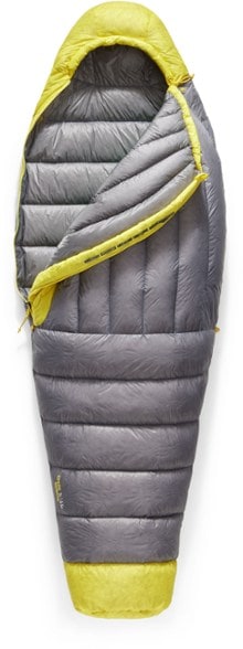 Elevate 45F Women's Down Sleeping Bag displayed in a tent, showcasing its design and color.