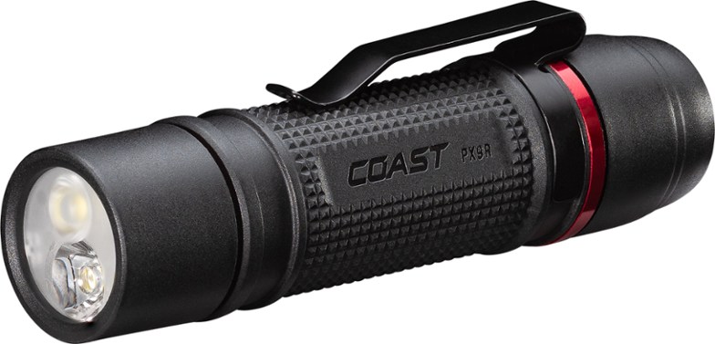 Coast PX9R Tactical LED Flashlight in hand demonstrating its lightweight design.