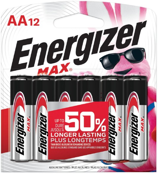 Energizer Max Plus AA alkaline batteries pack of 12 showing front view with packaging