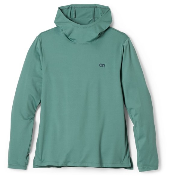 Men's ActiveIce sun hoodie worn while hiking, featuring thumbholes and a comfortable fit.