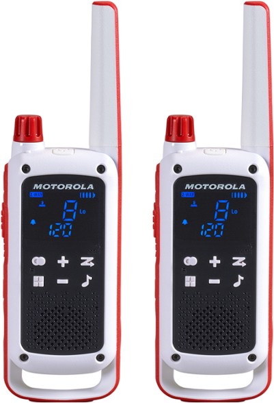 Front view of Motorola Talkabout T478 two-way radios with waterproof design and rechargeable batteries