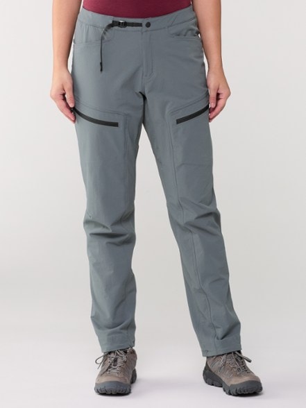 Chockstone Women's Soft Shell Climbing Pants showcasing flexibility during a climb.