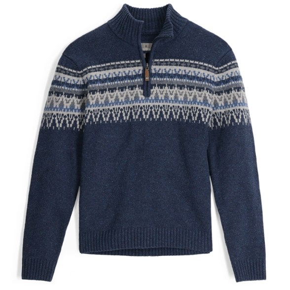 Front view of the Mountain Classic Merino Wool Quarter-Zip Sweater, showcasing its Fair Isle pattern.