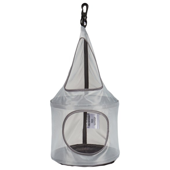 Front view of SkyNest Duo tent organizer clipped inside a camping tent, showing top shelf with flashlight