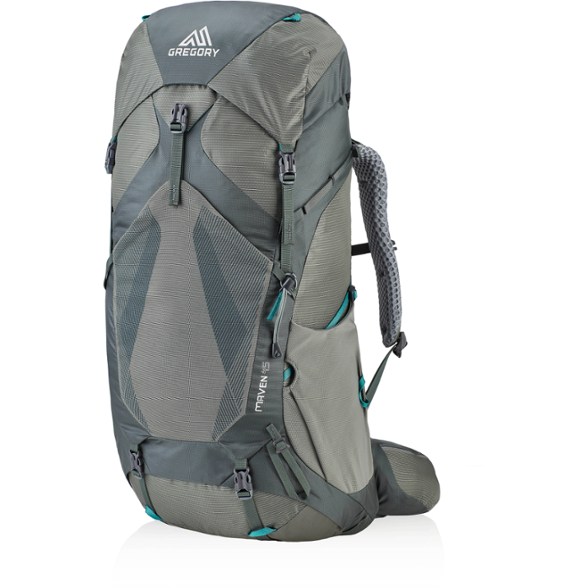 Maven 45 Women's Hiking Backpack from the side, highlighting its adjustable straps and breathable design.