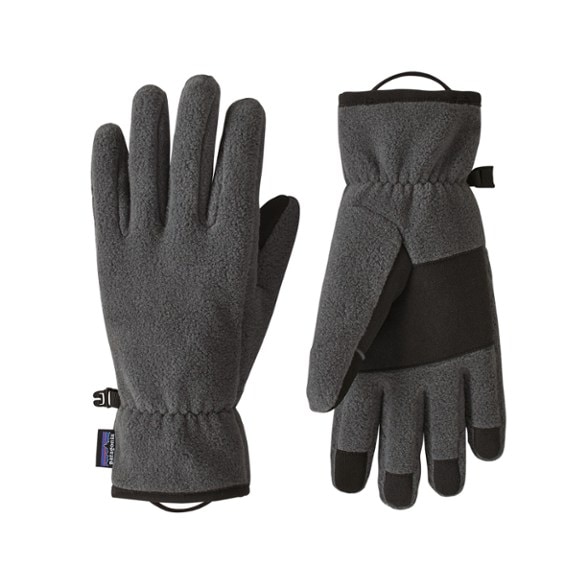Patagonia Synchilla fleece gloves shown outdoors, ideal for winter sports.