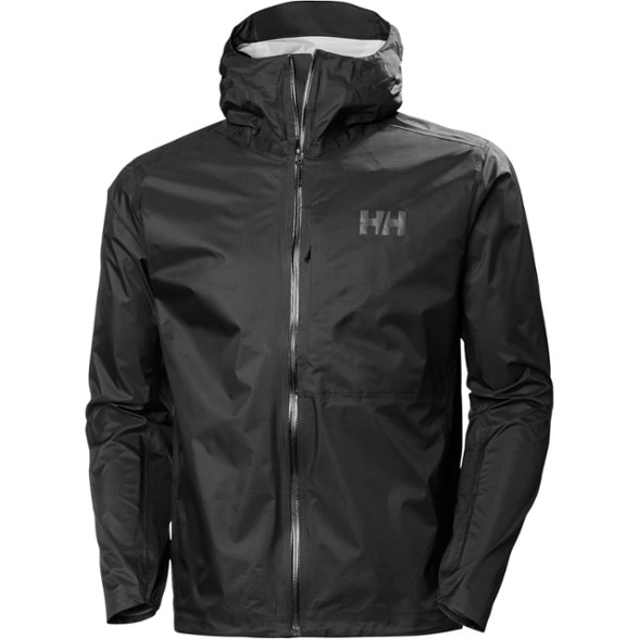 Front view of Helly Hansen Men's Waterproof Packable Micro Shell Jacket with hood up, ideal for hiking.