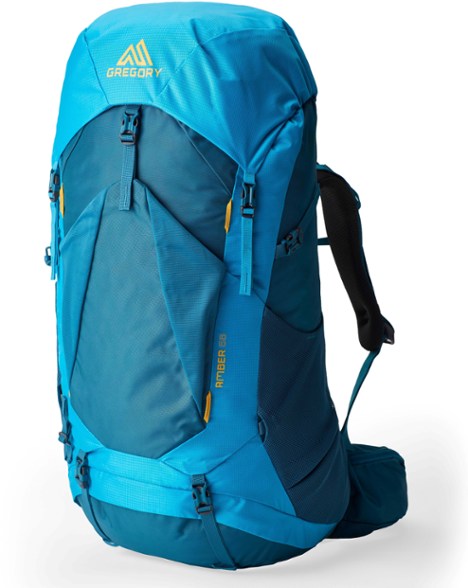 Front view of Gregory Women's Amber 68 Backpack with adjustable straps and breathable back panel.