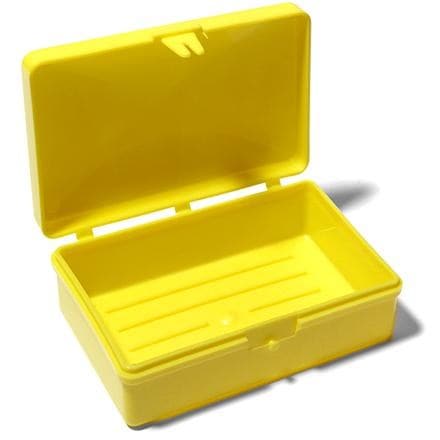 Hinged travel soap case open with soap inside, ideal for camping.