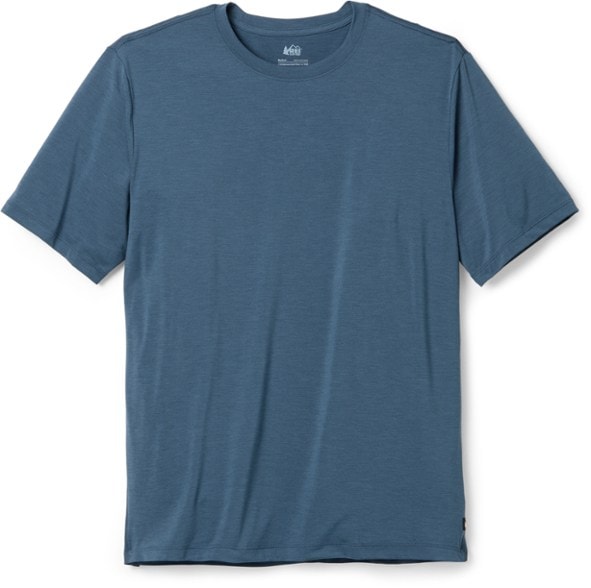 Front view of the Elevate Performance Men's Quick-Dry T-Shirt in action during a trail run.