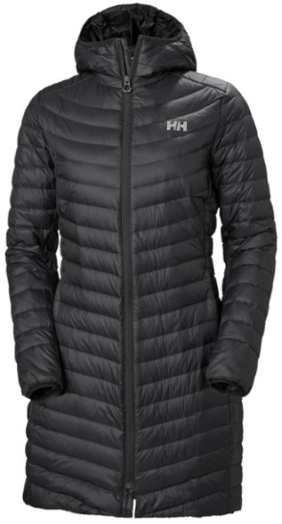 Elevate women's goose down parka displayed against a snowy backdrop, perfect for winter hikes.