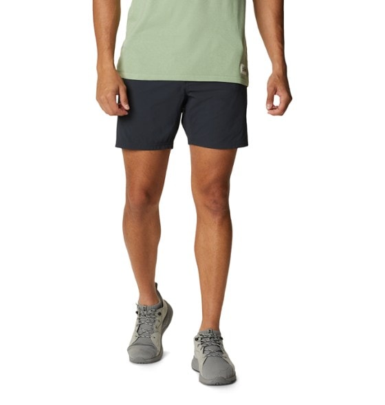 Side view of Summit Explorer Stretch Hiking Shorts showcasing pockets and fabric texture.