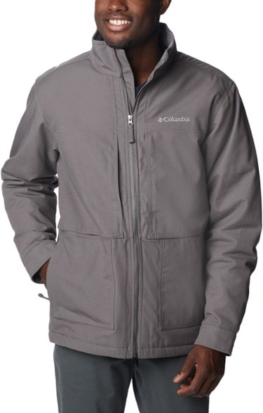 Front view of men's hiking jacket with water-resistant insulated fabric and fleece lining