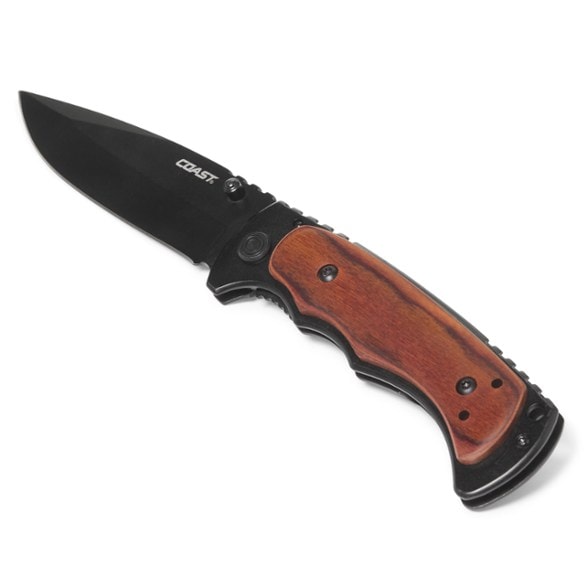 Close-up of the Coast FX411 folding knife showcasing its wooden handle and blade.