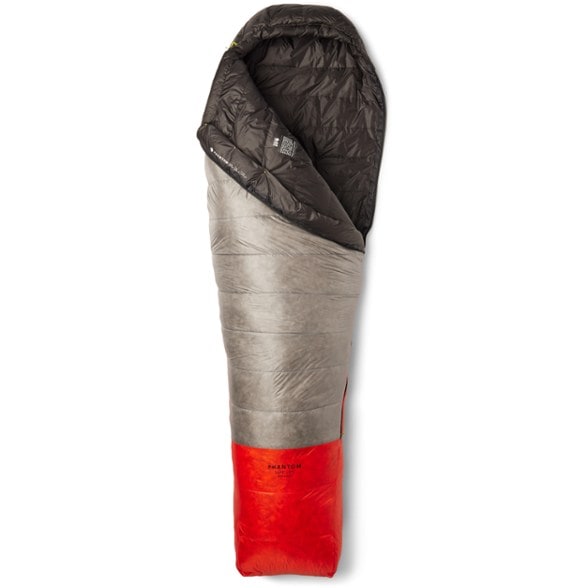 Alpine Phantom 30F lightweight sleeping bag laid out flat, showing its mummy cut and black insulated lining ideal for hiking gear