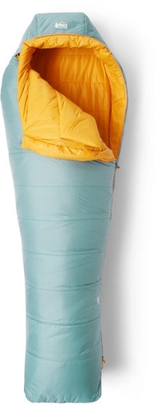 Front view of lightweight backpacking sleeping bag for kids laid flat showing hood and zipper