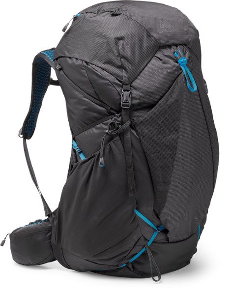 SummitFree 58L ultralight backpack shown from rear with breathable mesh back panel and attached hydration clip