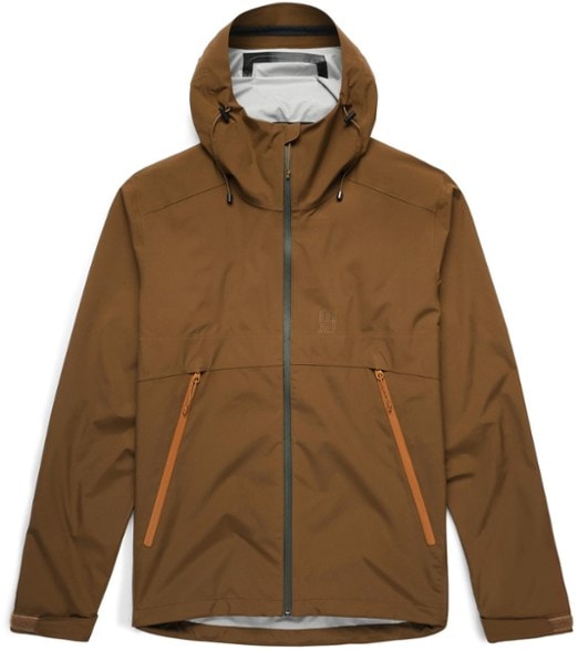 Front view of men's waterproof hiking jacket with adjustable hood and venting pockets