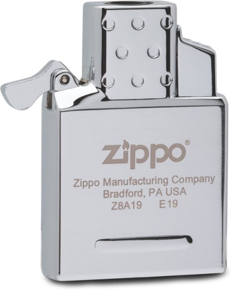 Close-up of Zippo lighter insert showing bright blue single torch flame