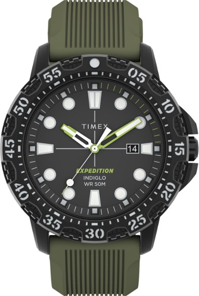 Side profile of the Timex Expedition Gallatin outdoor watch showing rugged black resin case and silicone strap
