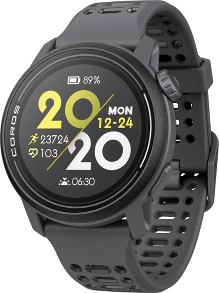 Close-up of COROS Pace 3 Pro running watch showing heart rate monitor and GPS screen during outdoor run