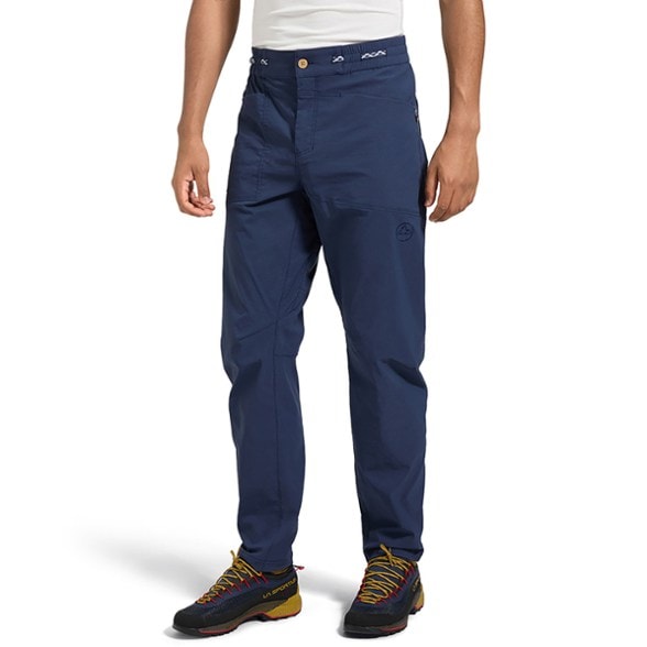 Side view of Talus Flex climbing pants demonstrating stretch and fit.