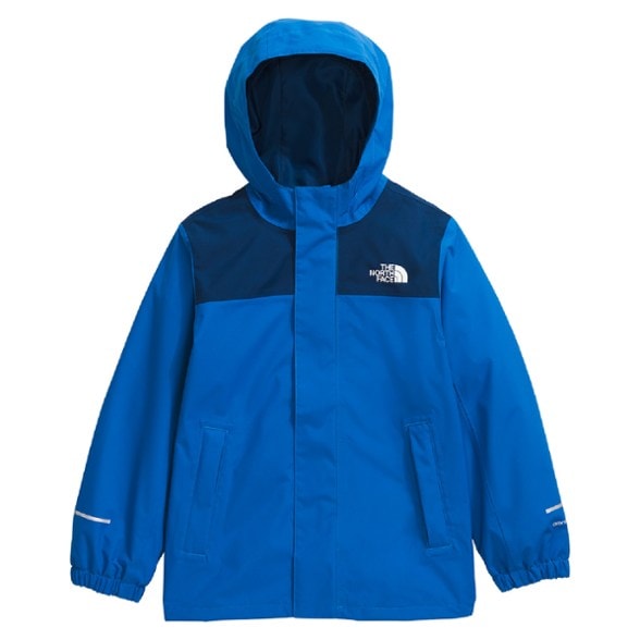 Toddler wearing North Face Waterproof Explorer Jacket during a rainy day play.